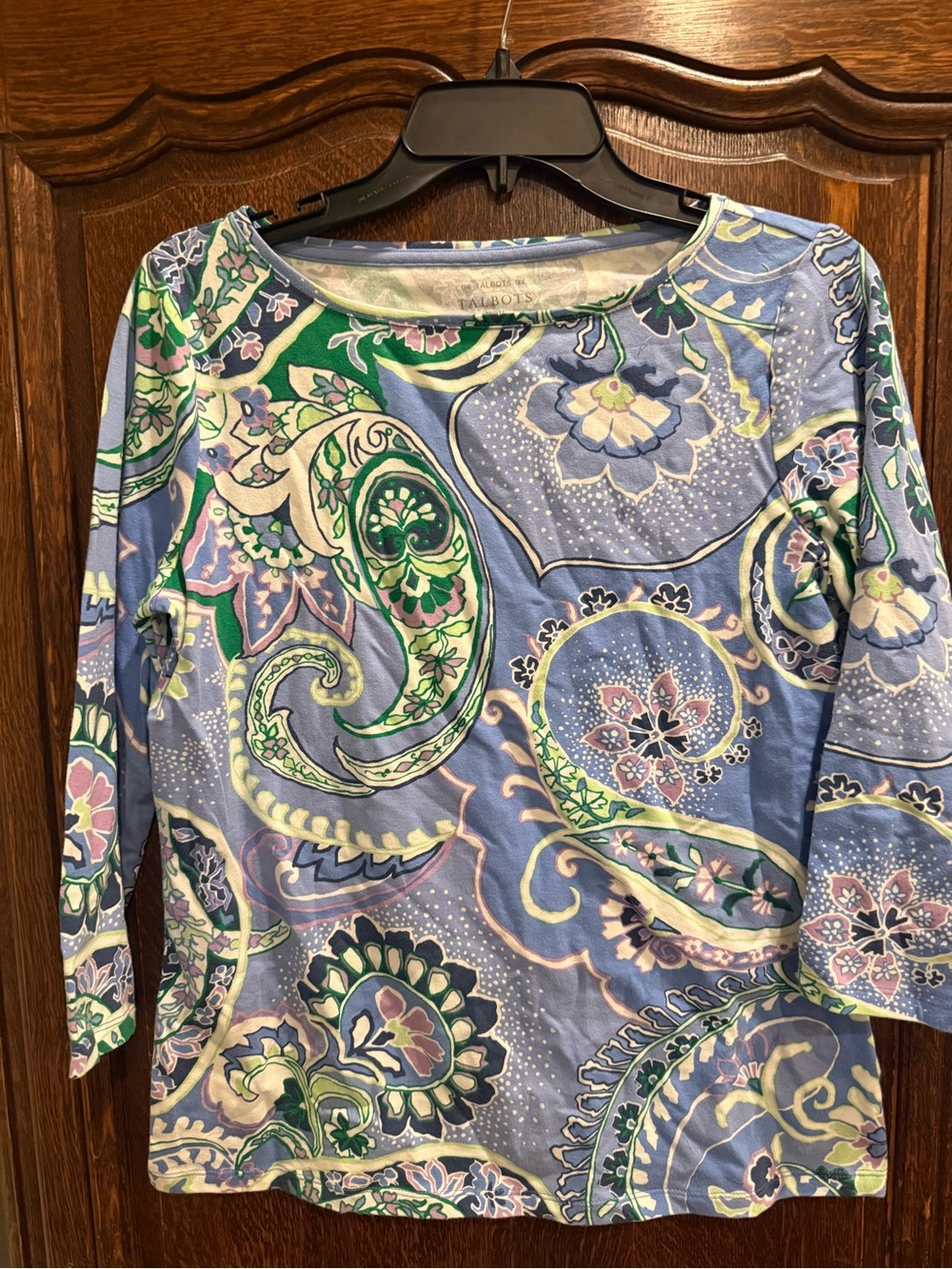 Talbots Blue Paisley Boatneck Long Sleeve Tee with Green Accents